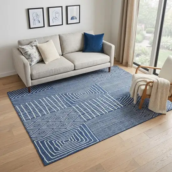 Navy Blue And Ivory Geometric Washable Area Rug With UV Protection Photo 1