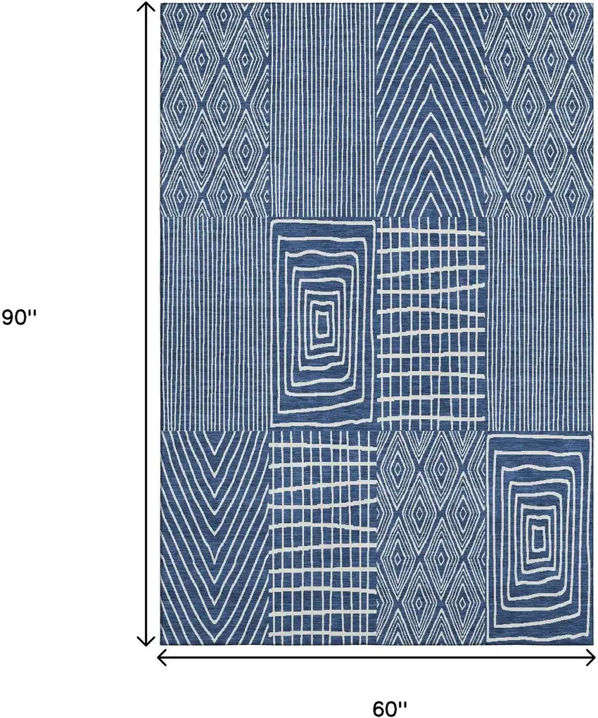 Navy Blue And Ivory Geometric Washable Area Rug With UV Protection Photo 7