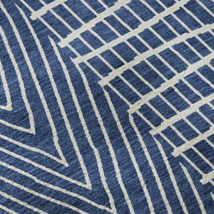 Navy Blue And Ivory Geometric Washable Area Rug With UV Protection Photo 9