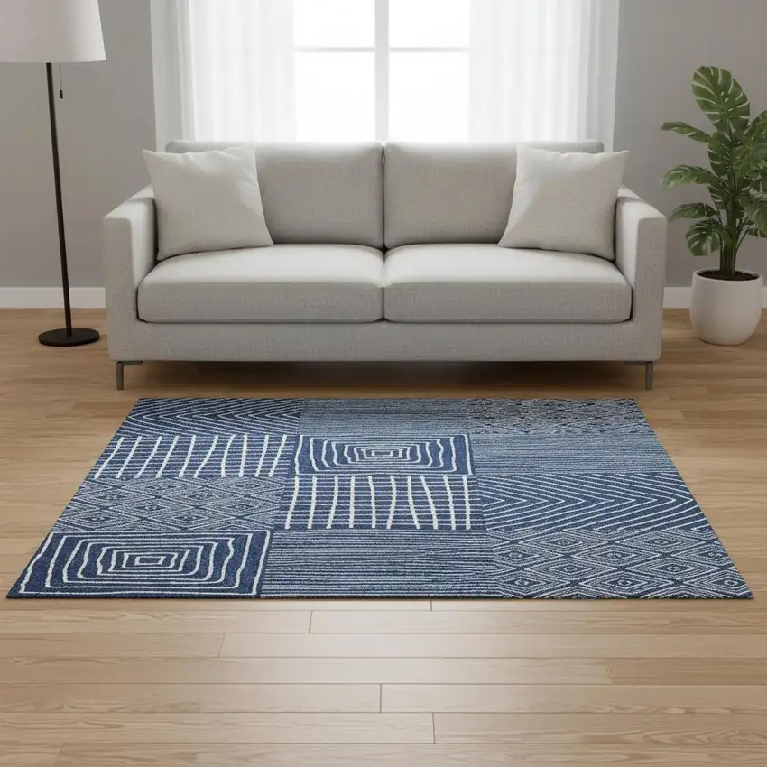 Navy Blue And Ivory Geometric Washable Area Rug With UV Protection Photo 2