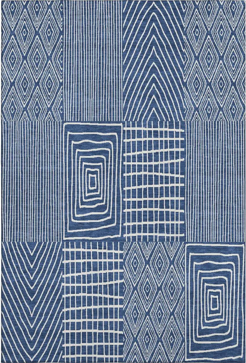 Navy Blue And Ivory Geometric Washable Area Rug With UV Protection Photo 1