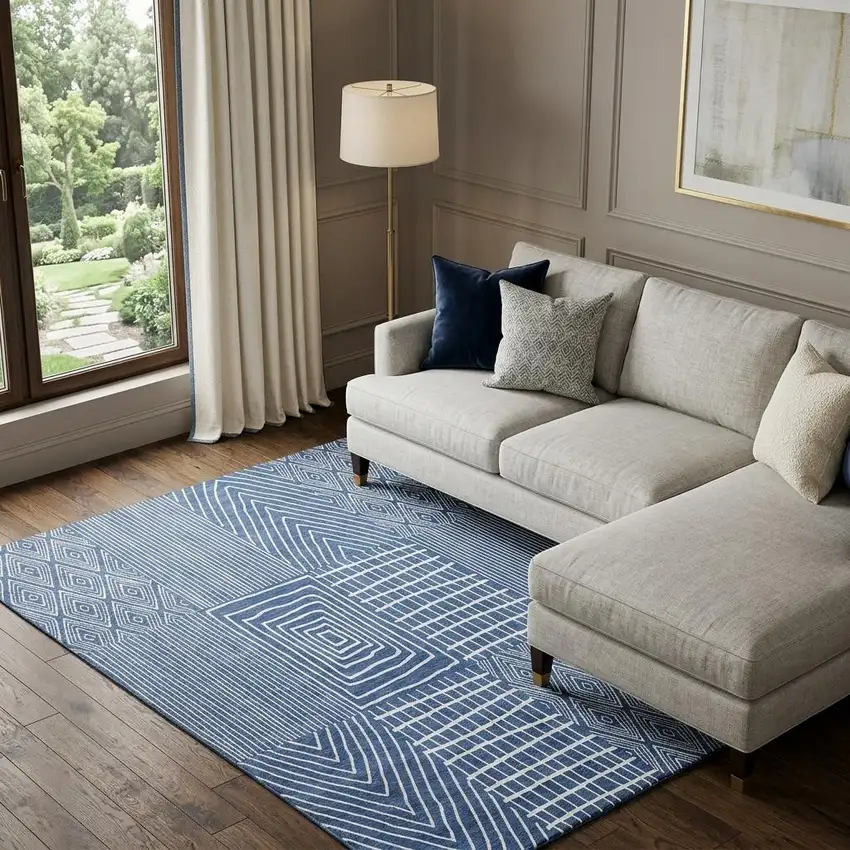 Navy Blue And Ivory Geometric Washable Area Rug With UV Protection Photo 1