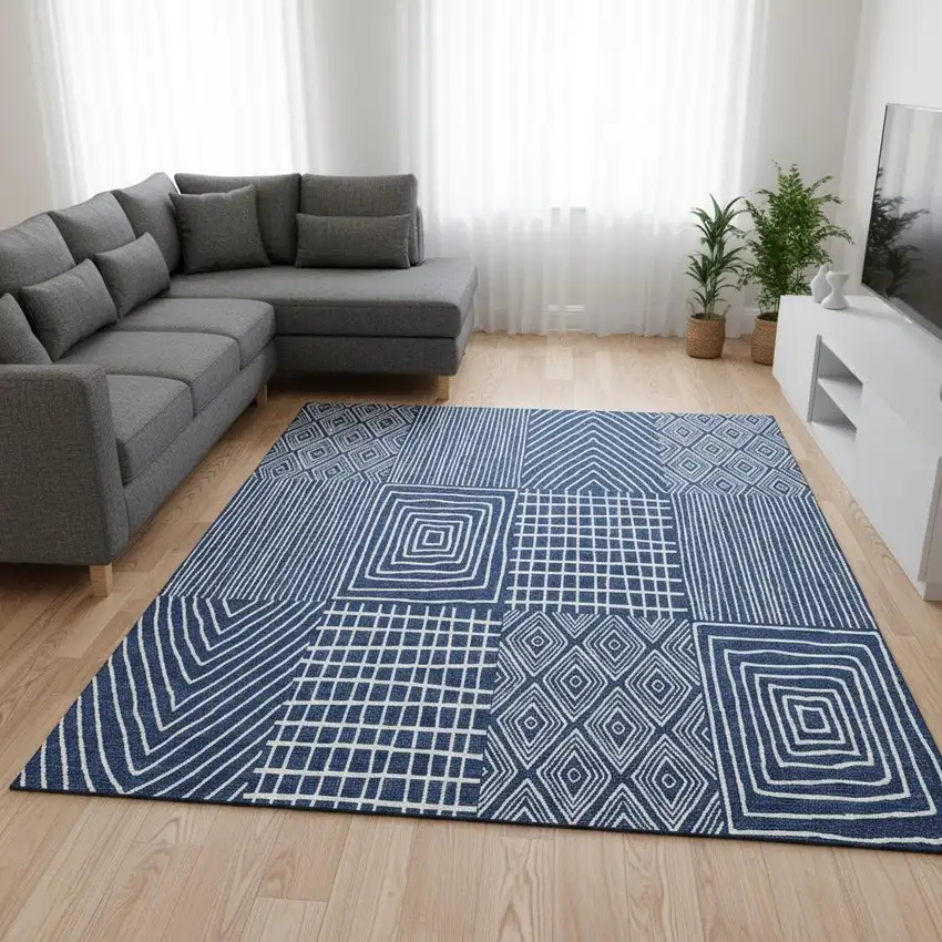 Navy Blue And Ivory Geometric Washable Area Rug With UV Protection Photo 2