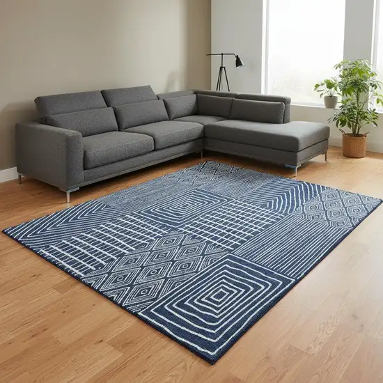 Navy Blue And Ivory Geometric Washable Area Rug With UV Protection Photo 2