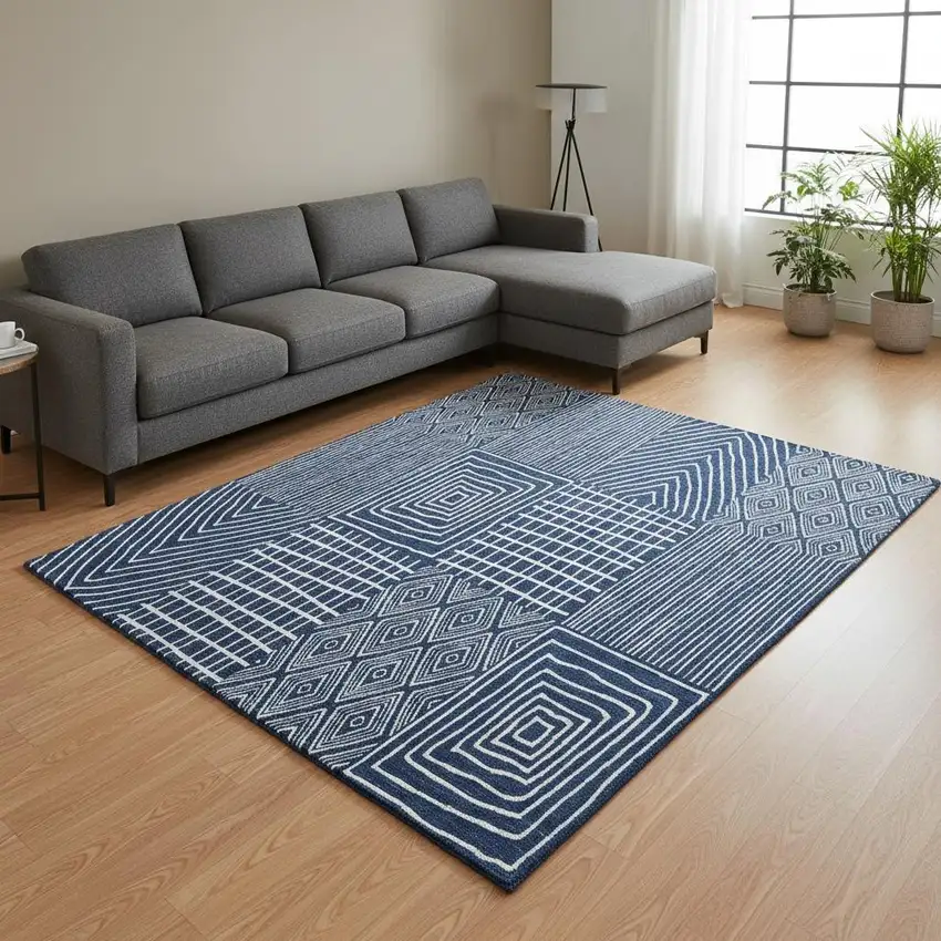 Navy Blue And Ivory Geometric Washable Area Rug With UV Protection Photo 2