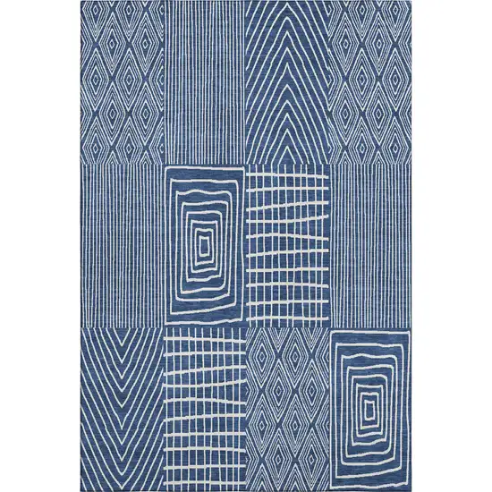 Navy Blue And Ivory Geometric Washable Area Rug With UV Protection Photo 1