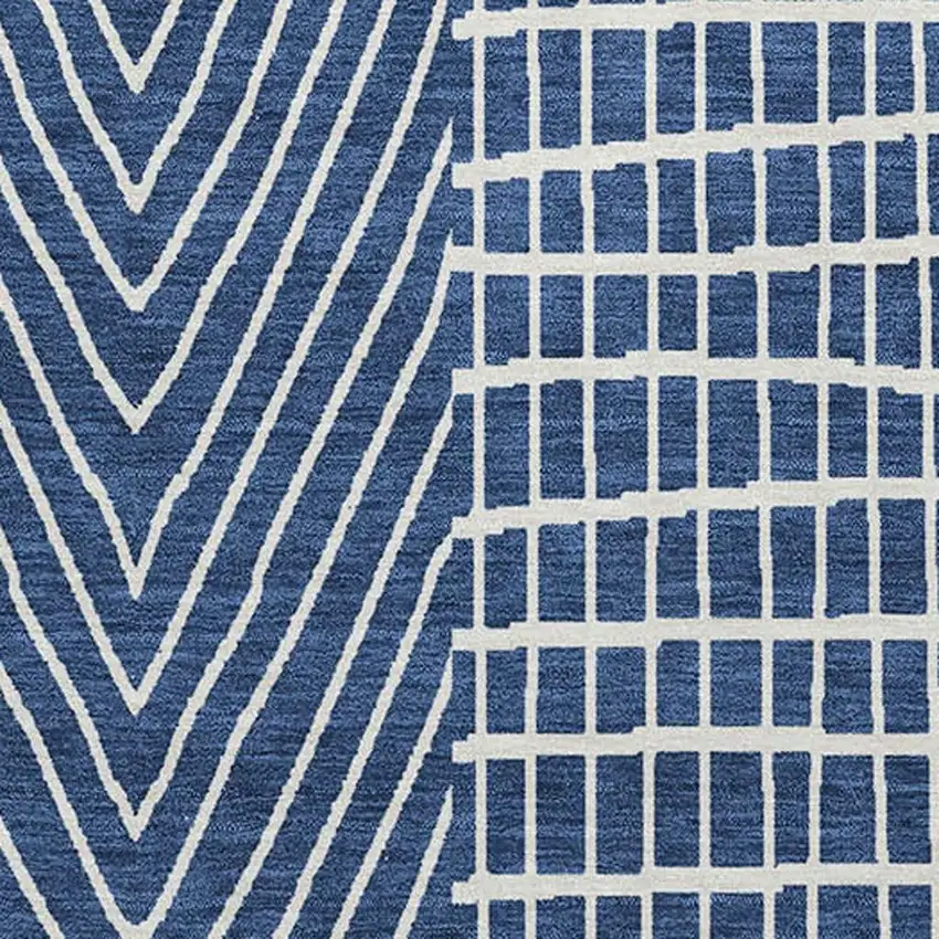 Navy Blue And Ivory Geometric Washable Area Rug With UV Protection Photo 2