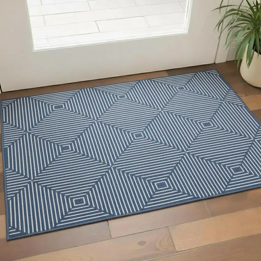 Navy Blue And Ivory Geometric Washable Area Rug With UV Protection Photo 2