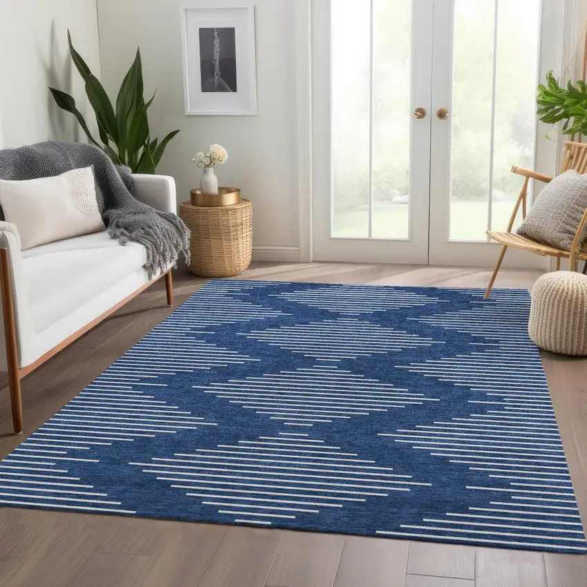 Navy Blue And Ivory Geometric Washable Area Rug With UV Protection Photo 5