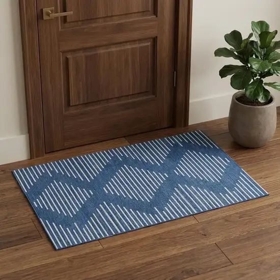 Navy Blue And Ivory Geometric Washable Area Rug With UV Protection Photo 1