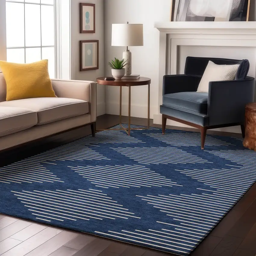 Navy Blue And Ivory Geometric Washable Area Rug With UV Protection Photo 4