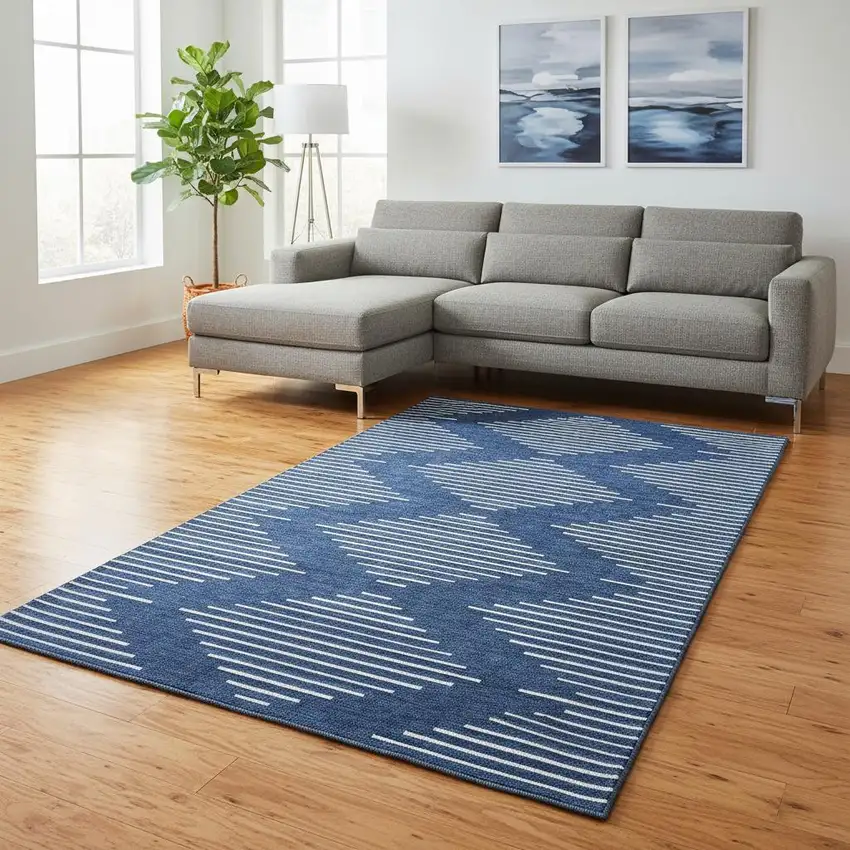 Navy Blue And Ivory Geometric Washable Area Rug With UV Protection Photo 2
