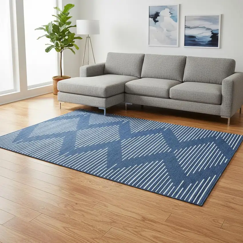 Navy Blue And Ivory Geometric Washable Area Rug With UV Protection Photo 2