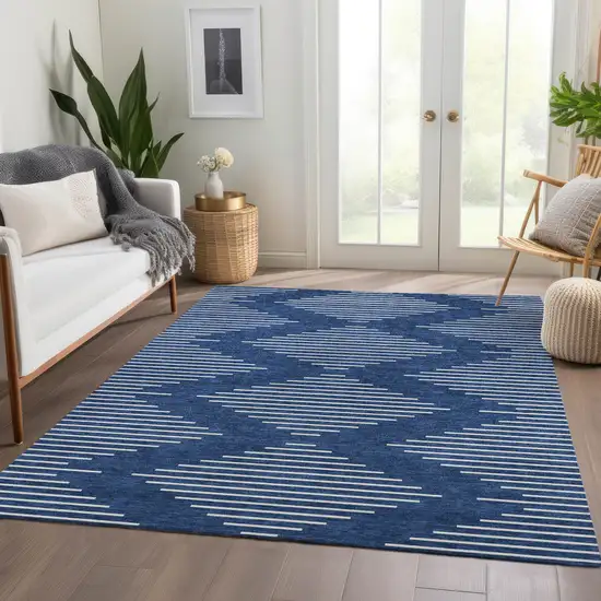 Navy Blue And Ivory Geometric Washable Area Rug With UV Protection Photo 5