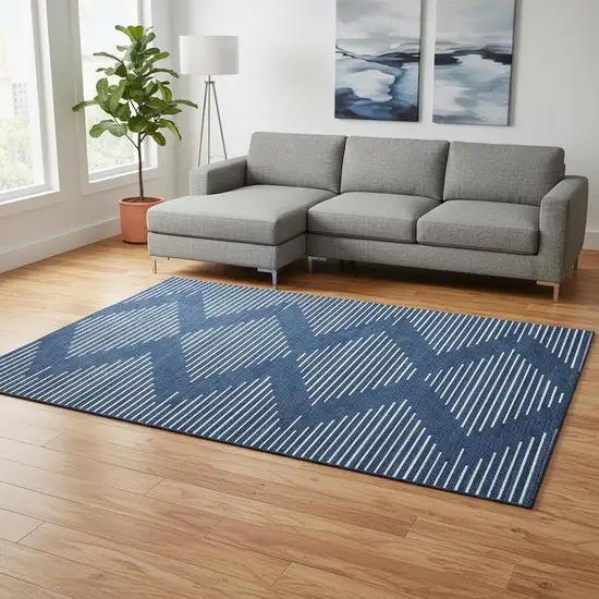 Navy Blue And Ivory Geometric Washable Area Rug With UV Protection Photo 2
