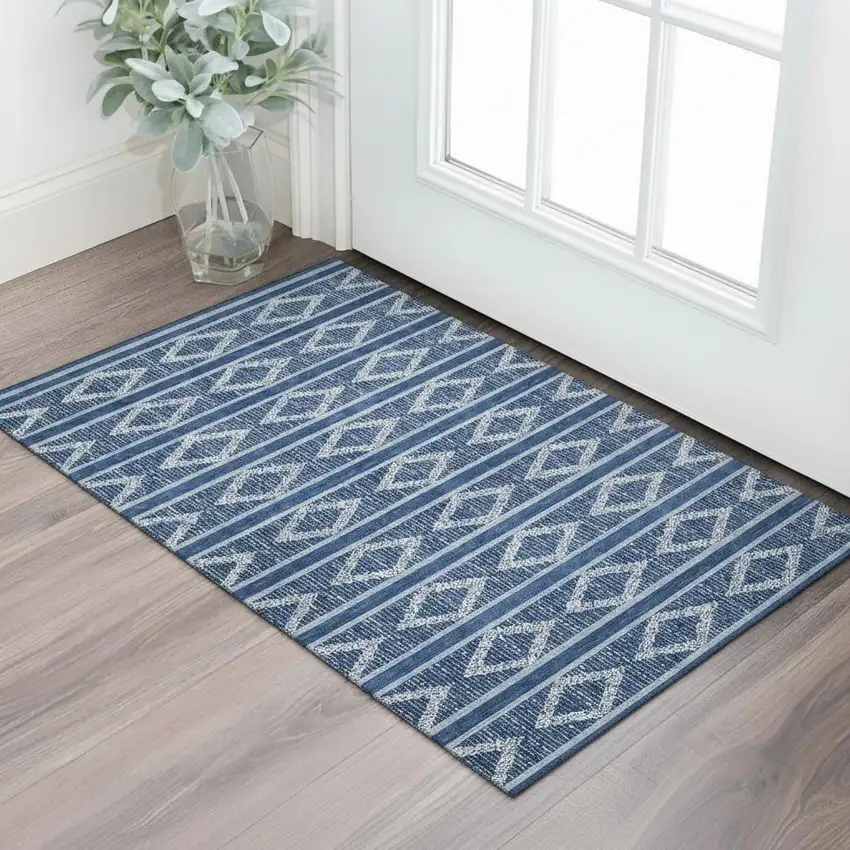 Navy Blue And Ivory Geometric Washable Area Rug With UV Protection Photo 2