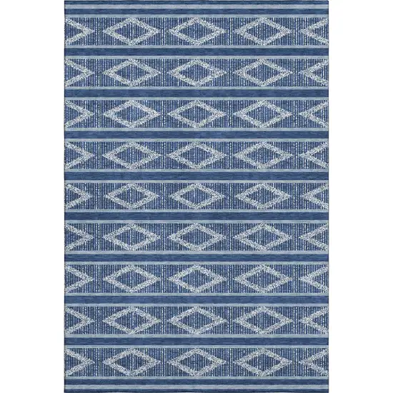Navy Blue And Ivory Geometric Washable Area Rug With UV Protection Photo 1