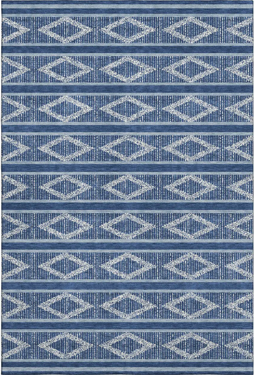 Navy Blue And Ivory Geometric Washable Area Rug With UV Protection Photo 1