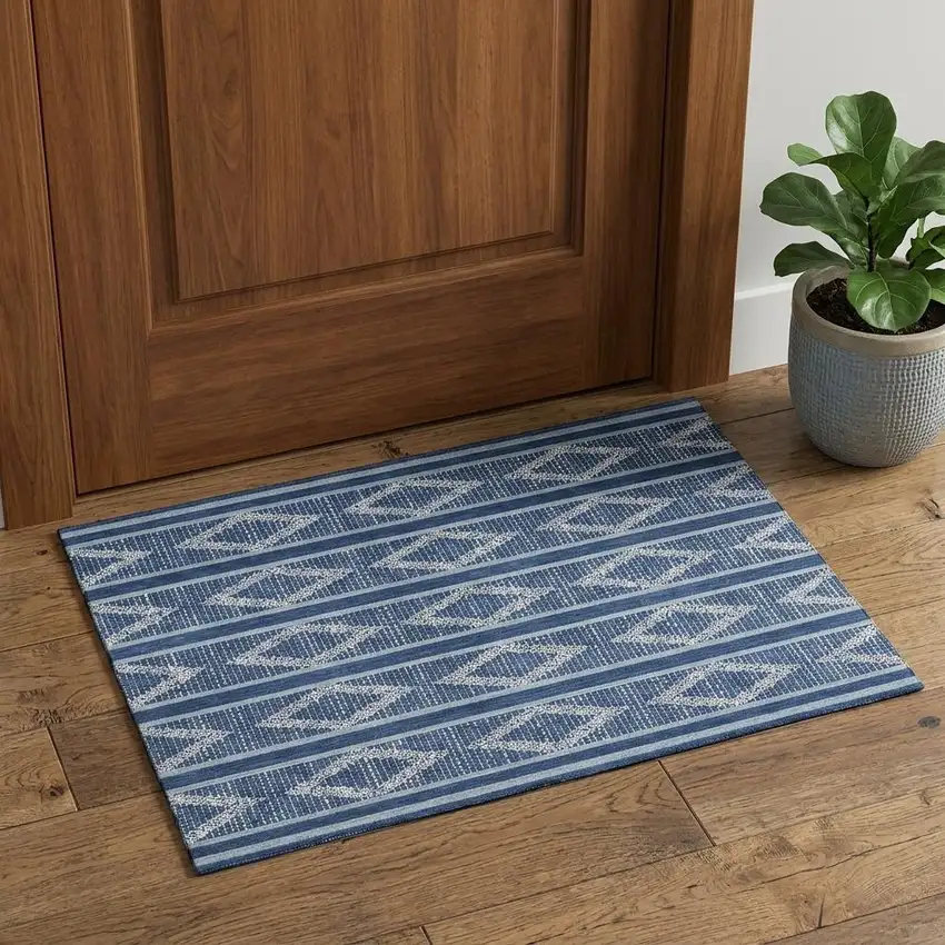 Navy Blue And Ivory Geometric Washable Area Rug With UV Protection Photo 1