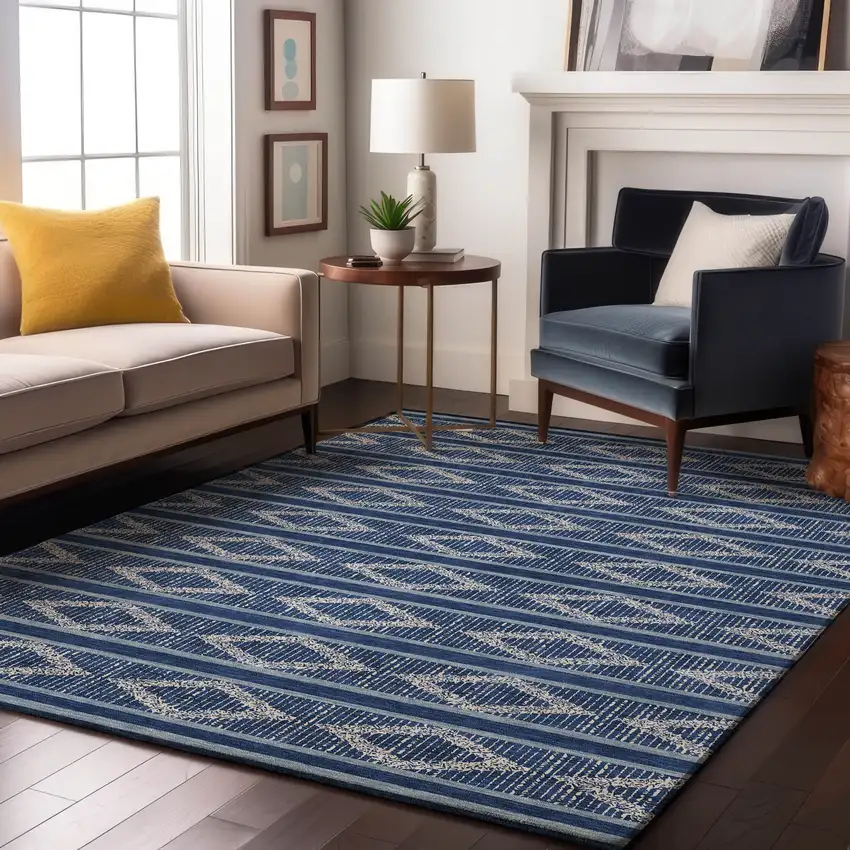 Navy Blue And Ivory Geometric Washable Area Rug With UV Protection Photo 4