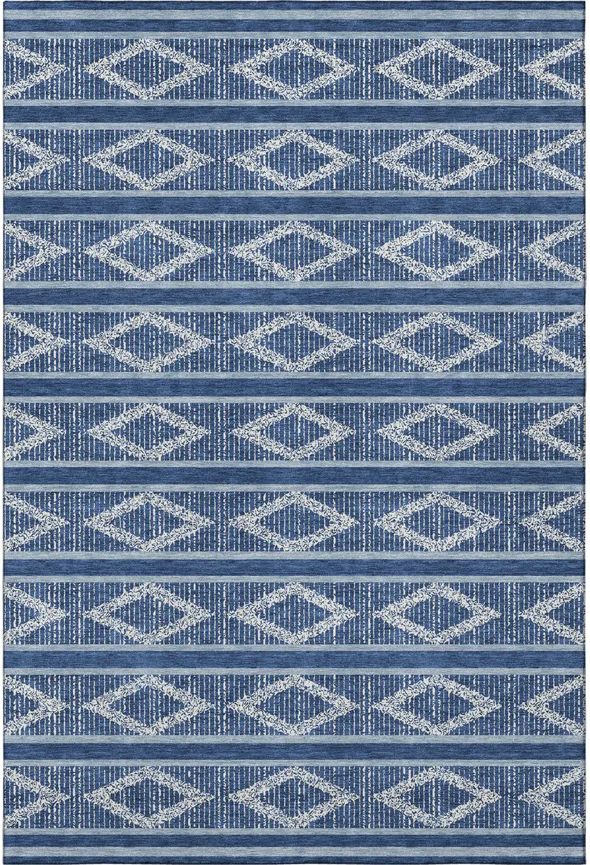 Navy Blue And Ivory Geometric Washable Area Rug With UV Protection Photo 3