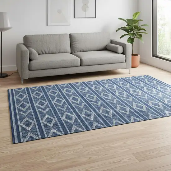 Navy Blue And Ivory Geometric Washable Area Rug With UV Protection Photo 2