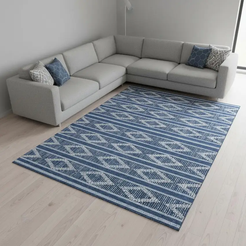 Navy Blue And Ivory Geometric Washable Area Rug With UV Protection Photo 2