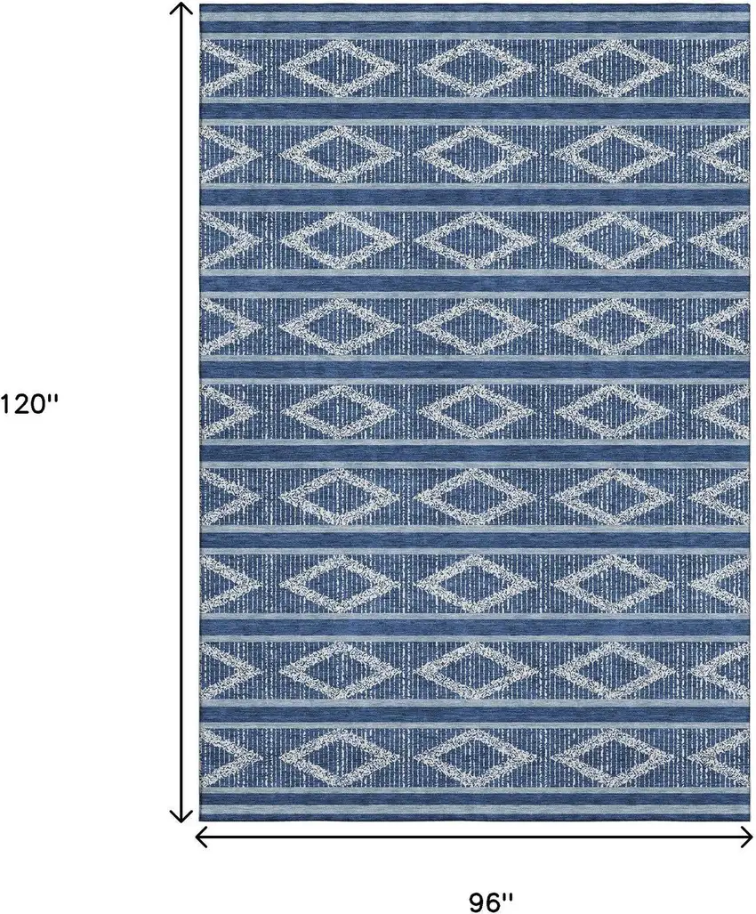 Navy Blue And Ivory Geometric Washable Area Rug With UV Protection Photo 7