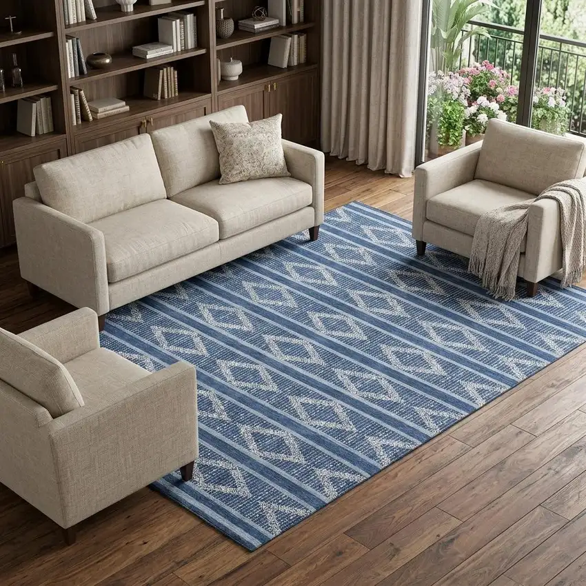 Navy Blue And Ivory Geometric Washable Area Rug With UV Protection Photo 1