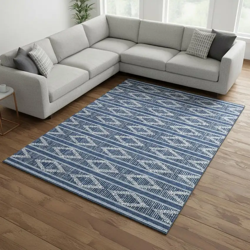 Navy Blue And Ivory Geometric Washable Area Rug With UV Protection Photo 2