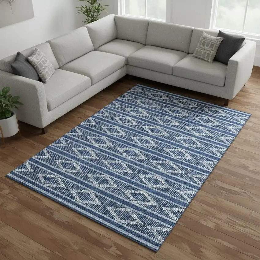 Navy Blue And Ivory Geometric Washable Area Rug With UV Protection Photo 2