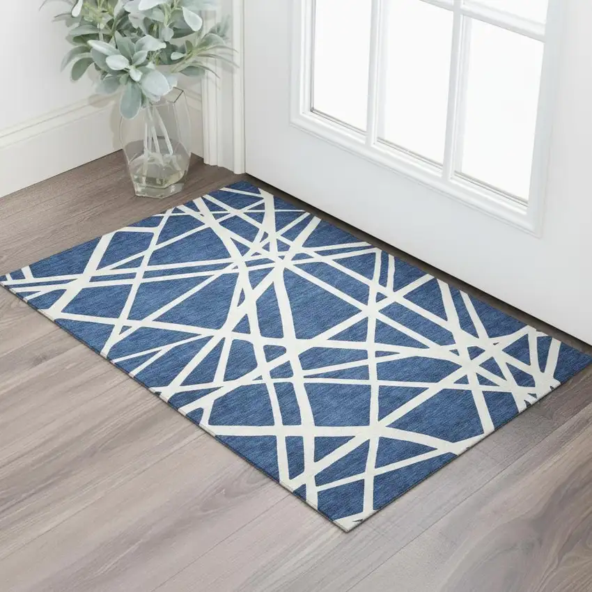 Navy Blue And Ivory Geometric Washable Area Rug With UV Protection Photo 2