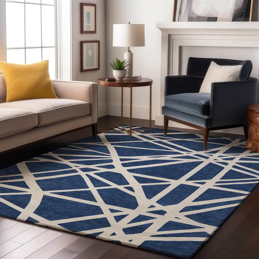 Navy Blue And Ivory Geometric Washable Area Rug With UV Protection Photo 4