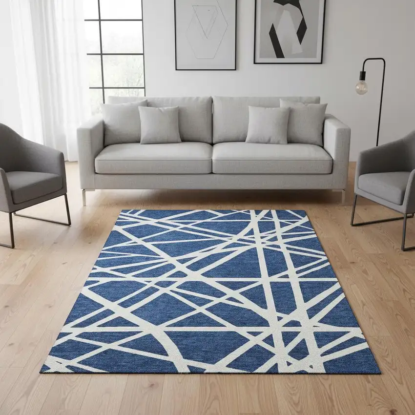 Navy Blue And Ivory Geometric Washable Area Rug With UV Protection Photo 2