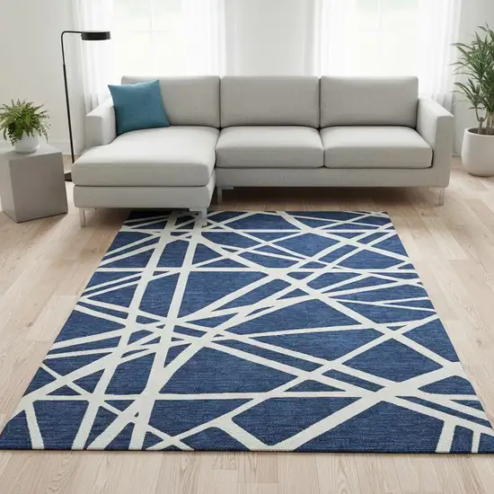 Navy Blue And Ivory Geometric Washable Area Rug With UV Protection Photo 2