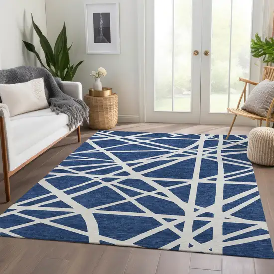Navy Blue And Ivory Geometric Washable Area Rug With UV Protection Photo 5