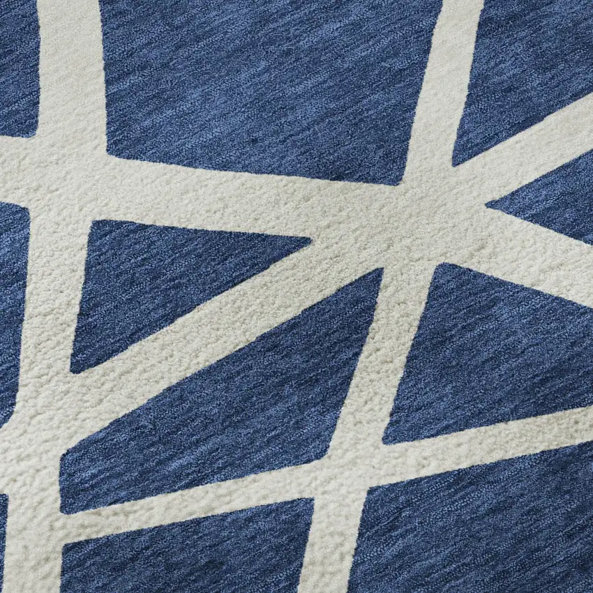 Navy Blue And Ivory Geometric Washable Area Rug With UV Protection Photo 9