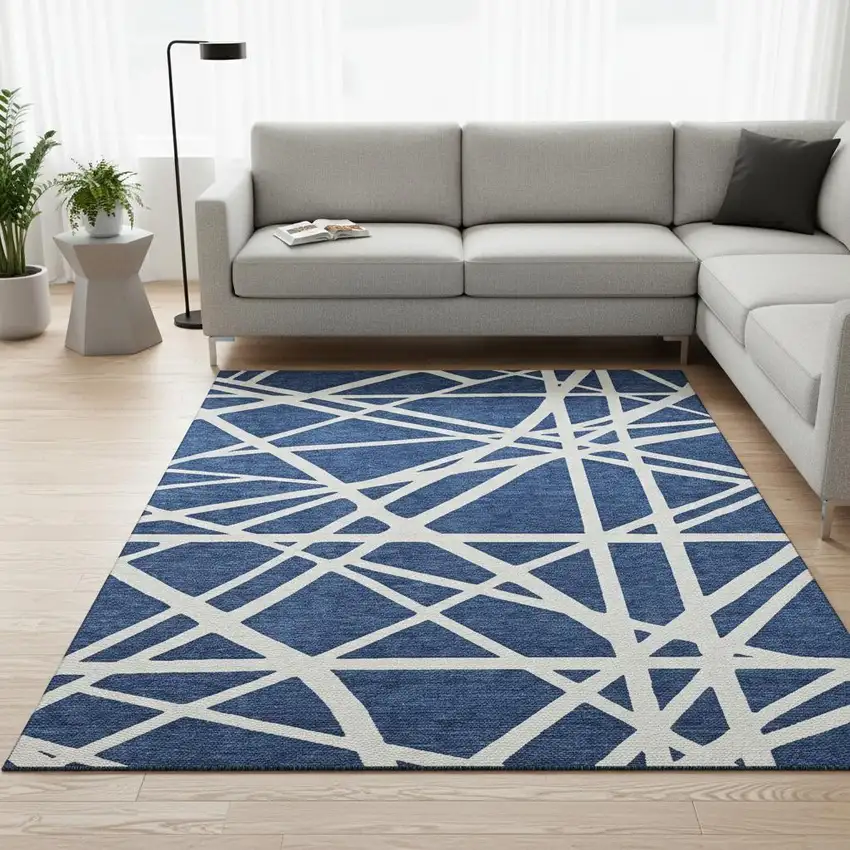 Navy Blue And Ivory Geometric Washable Area Rug With UV Protection Photo 2