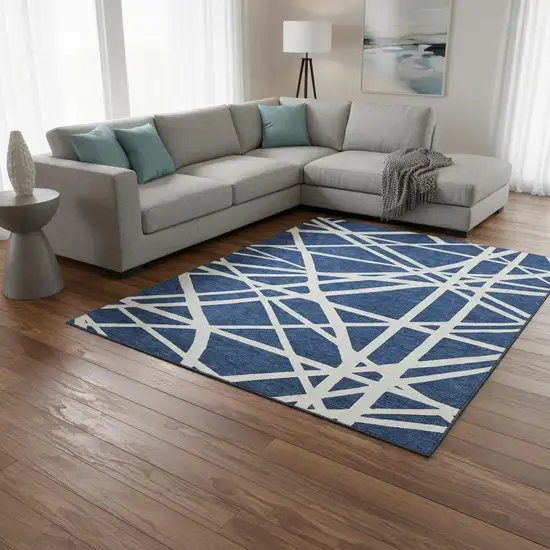 Navy Blue And Ivory Geometric Washable Area Rug With UV Protection Photo 2