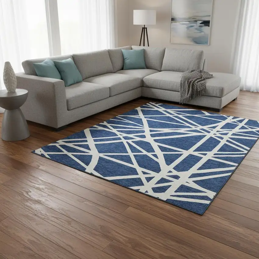 Navy Blue And Ivory Geometric Washable Area Rug With UV Protection Photo 2