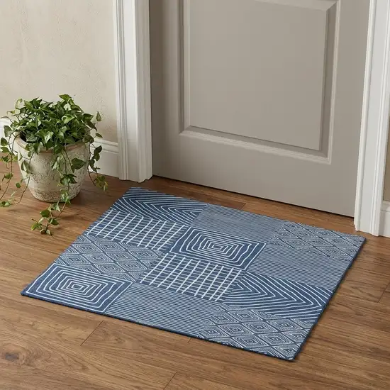 Navy Blue And Ivory Geometric Washable Area Rug With UV Protection Photo 1