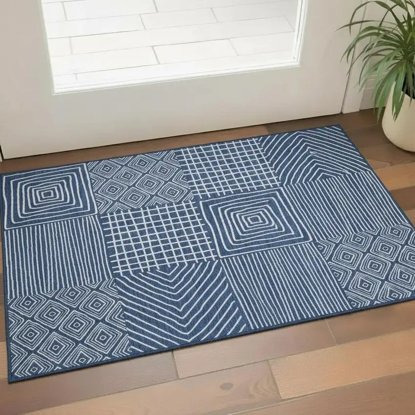 Navy Blue And Ivory Geometric Washable Area Rug With UV Protection Photo 2
