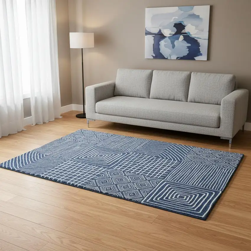 Navy Blue And Ivory Geometric Washable Area Rug With UV Protection Photo 2