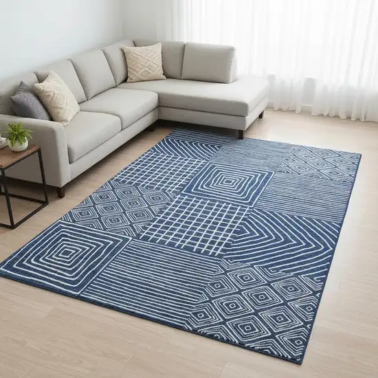 Navy Blue And Ivory Geometric Washable Area Rug With UV Protection Photo 2