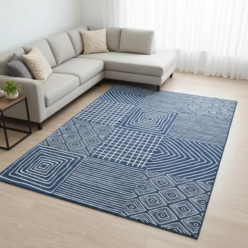 Navy Blue And Ivory Geometric Washable Area Rug With UV Protection Photo 2