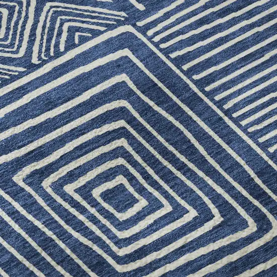 Navy Blue And Ivory Geometric Washable Area Rug With UV Protection Photo 9
