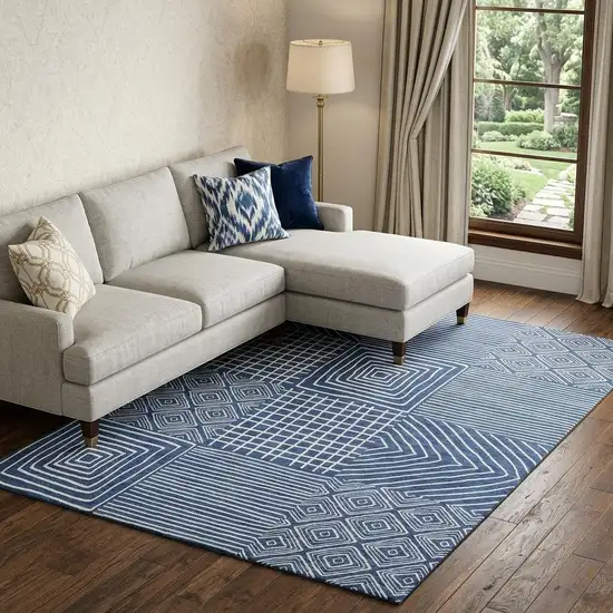 Navy Blue And Ivory Geometric Washable Area Rug With UV Protection Photo 1