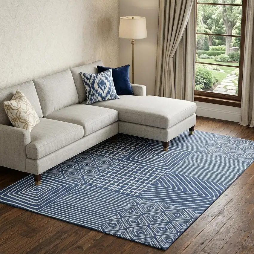 Navy Blue And Ivory Geometric Washable Area Rug With UV Protection Photo 1