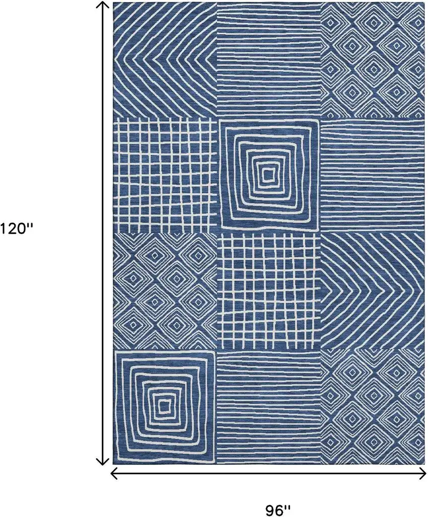 Navy Blue And Ivory Geometric Washable Area Rug With UV Protection Photo 8