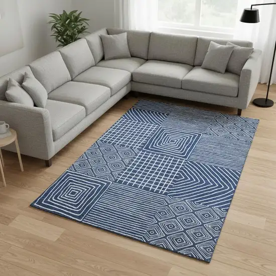 Navy Blue And Ivory Geometric Washable Area Rug With UV Protection Photo 2